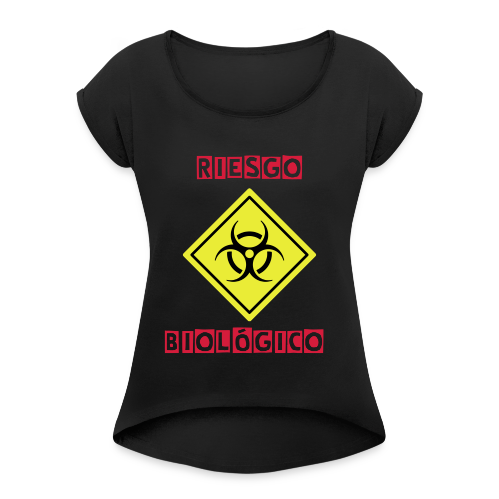 Camiseta con manga enrollada mujer"riesgo biologico" - black