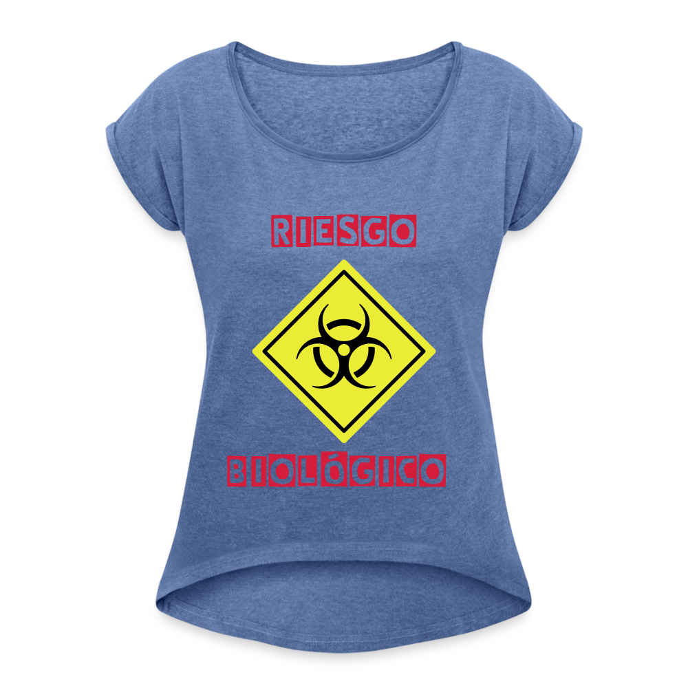 Camiseta con manga enrollada mujer"riesgo biologico" - heather denim