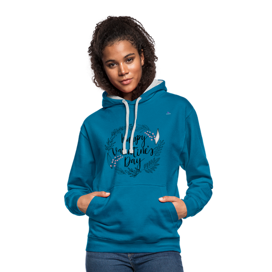 Contrast Colour Hoodie "Happy Valentines Day" - azul pavo real/gris jaspeado