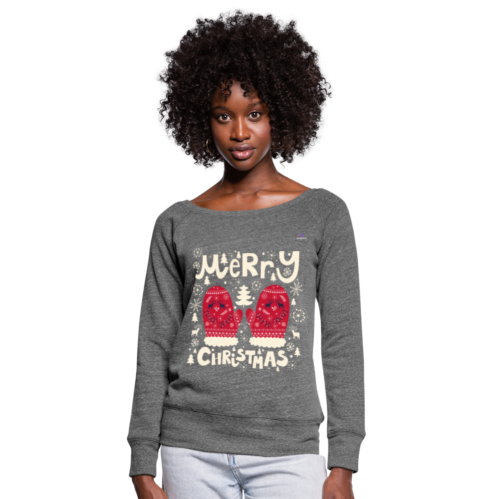 Women's Boat Neck Long Sleeve Top "merry christmas gloves" - gris oscuro jaspeado