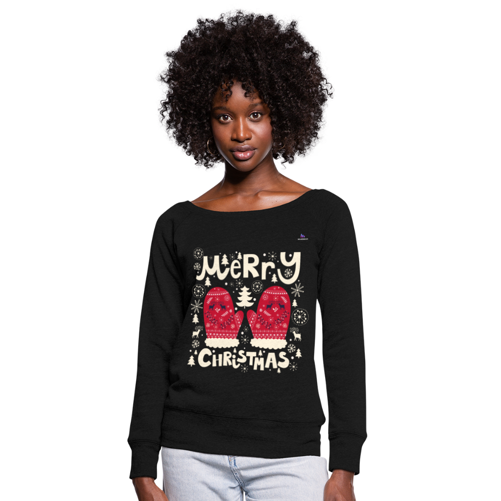 Women's Boat Neck Long Sleeve Top "merry christmas gloves" - negro