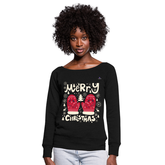 Women's Boat Neck Long Sleeve Top "merry christmas gloves" - negro