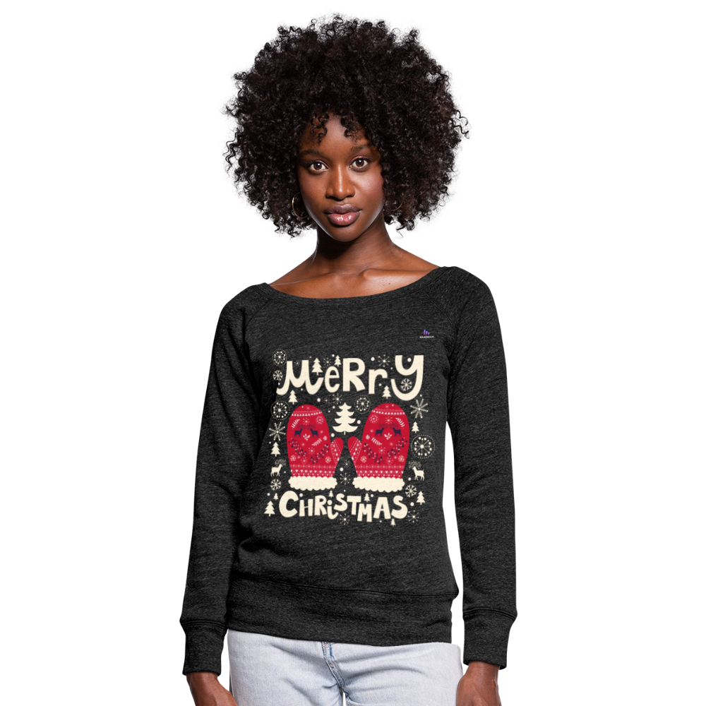 Women's Boat Neck Long Sleeve Top "merry christmas gloves" - negro jaspeado