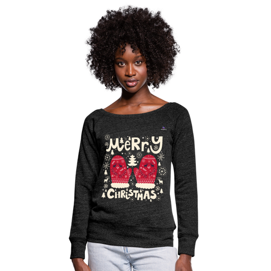 Women's Boat Neck Long Sleeve Top "merry christmas gloves" - negro jaspeado