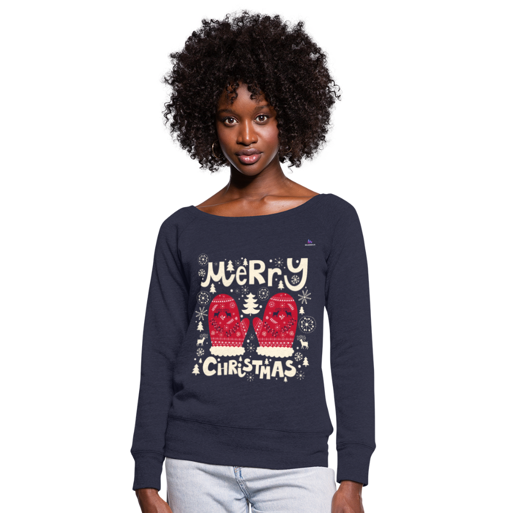 Women's Boat Neck Long Sleeve Top "merry christmas gloves" - navy jaspeado