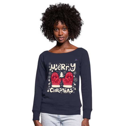 Women's Boat Neck Long Sleeve Top "merry christmas gloves" - navy jaspeado