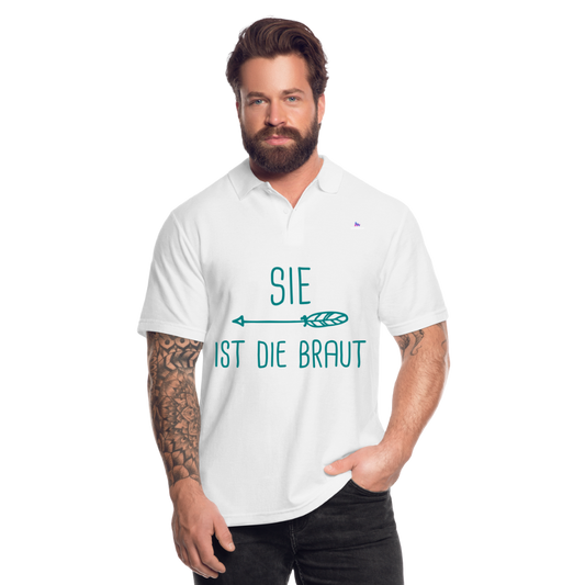 Men's Polo Shirt "sie ist die braut" - blanco