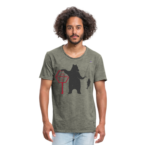 Camiseta vintage hombre"Fishing bear" - vintage caqui