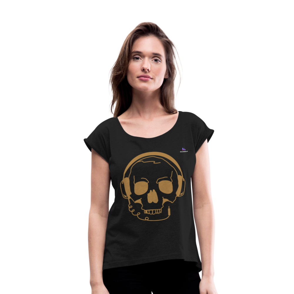 Camiseta con manga enrollada"skull with headphones" - black