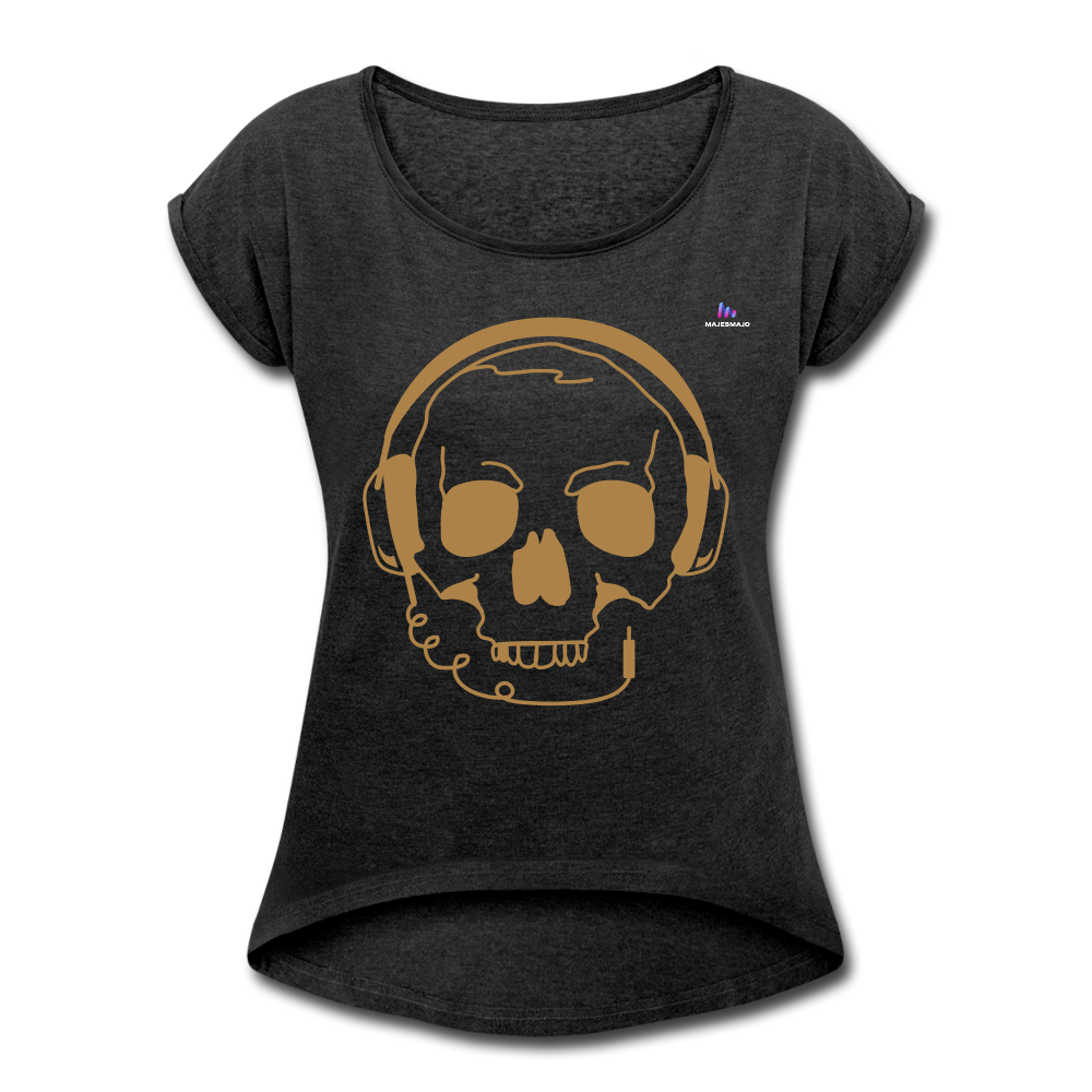 Camiseta con manga enrollada"skull with headphones" - heather black