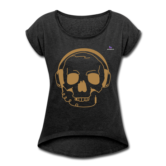 Camiseta con manga enrollada"skull with headphones" - heather black
