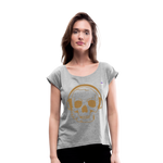 Camiseta con manga enrollada"skull with headphones" - heather grey