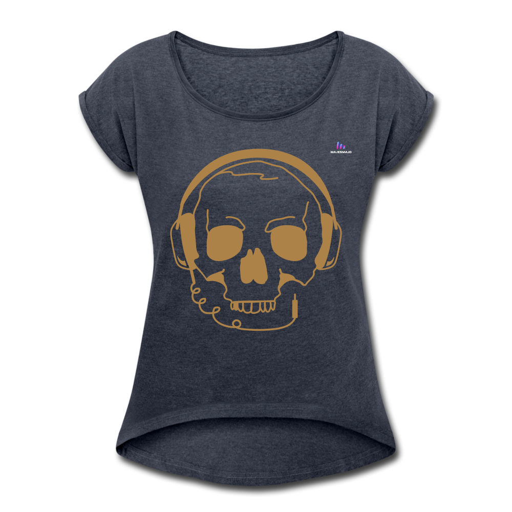 Camiseta con manga enrollada"skull with headphones" - heather navy