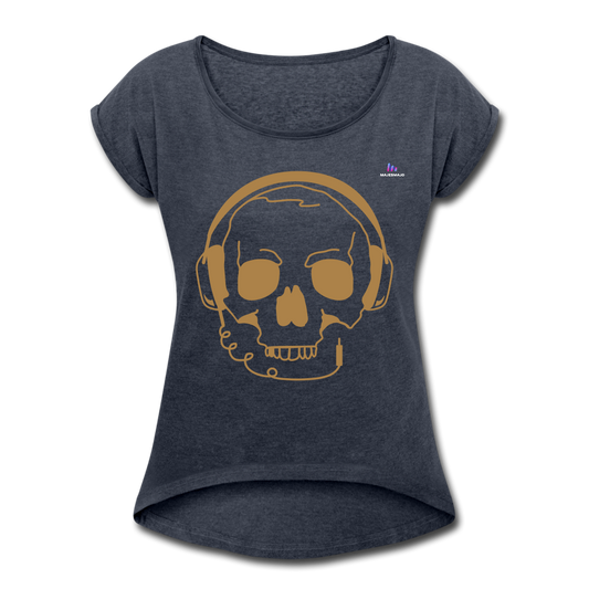 Camiseta con manga enrollada"skull with headphones" - heather navy