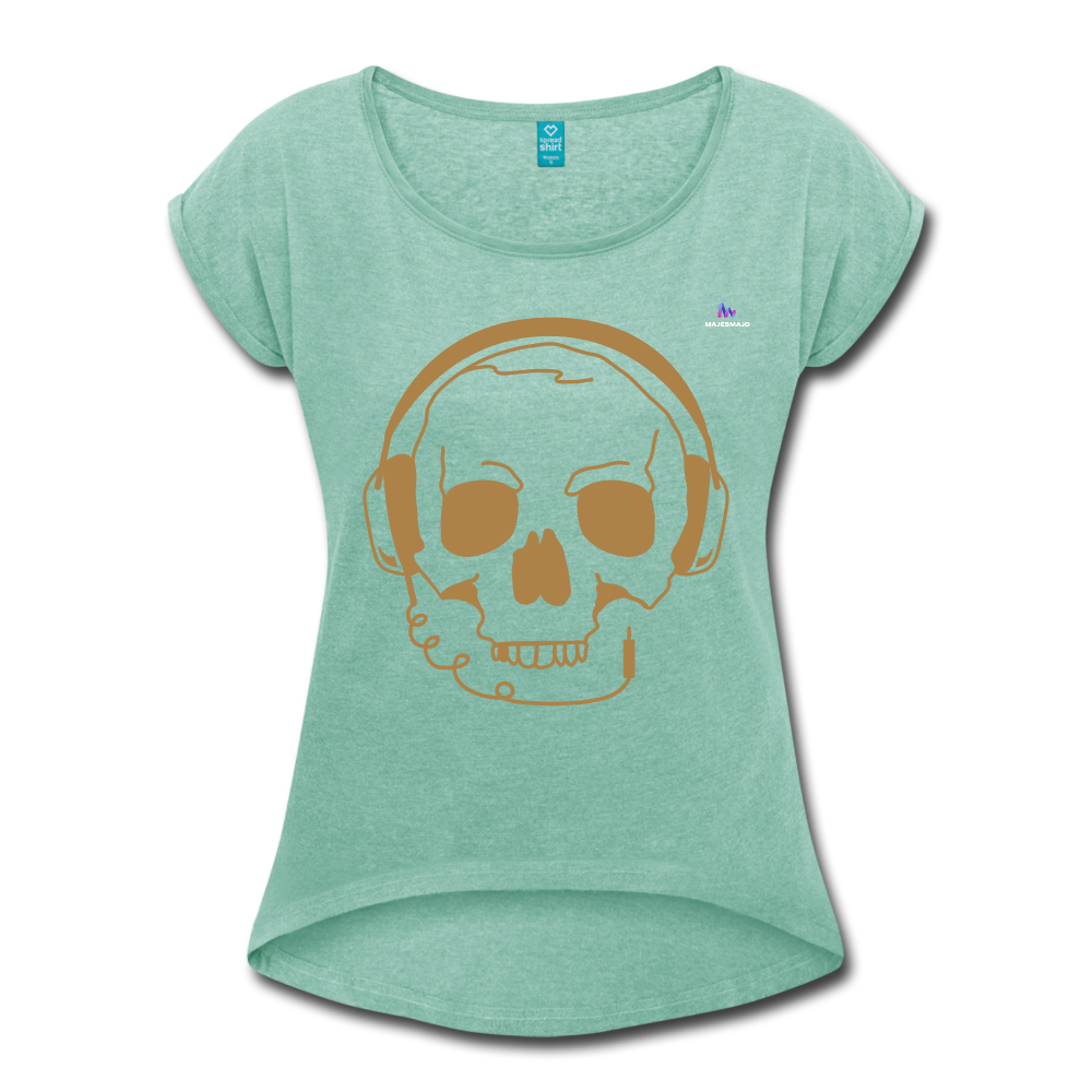 Camiseta con manga enrollada"skull with headphones" - heather mint