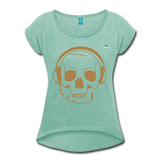 Camiseta con manga enrollada"skull with headphones" - heather mint