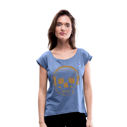 Camiseta con manga enrollada"skull with headphones" - heather denim