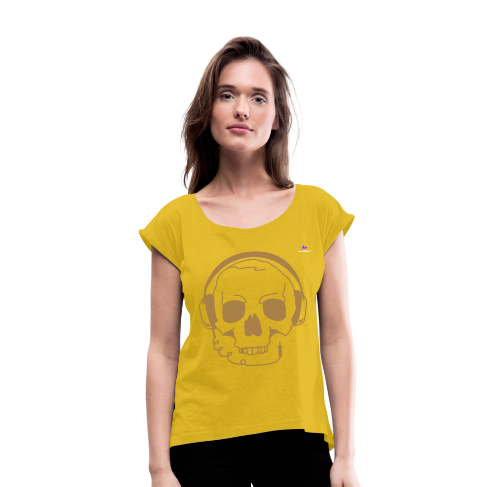 Camiseta con manga enrollada"skull with headphones" - mustard yellow
