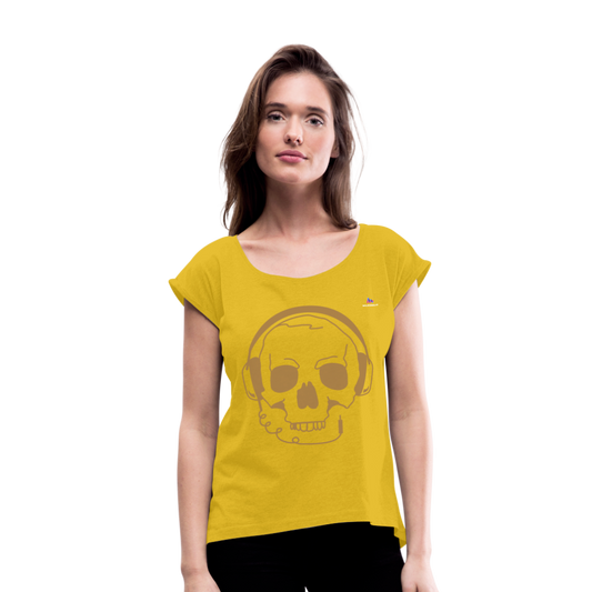 Camiseta con manga enrollada"skull with headphones" - mustard yellow