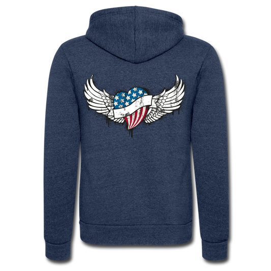Chaqueta con capucha Tri-Blend unisex de Bella + Canvas"USA heart" - heather navy