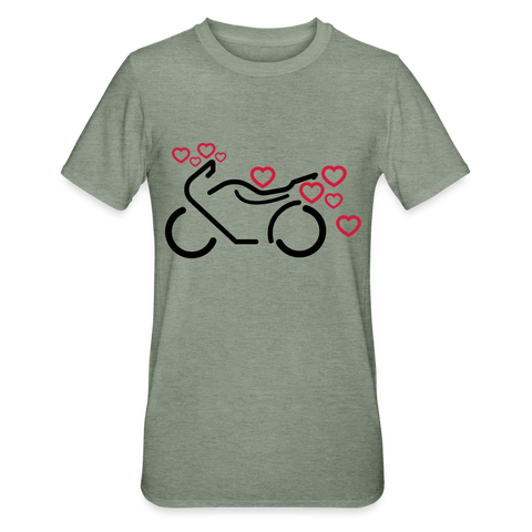 Camiseta en polialgodón unisex"Motorcycle with Hearts" - heather military green