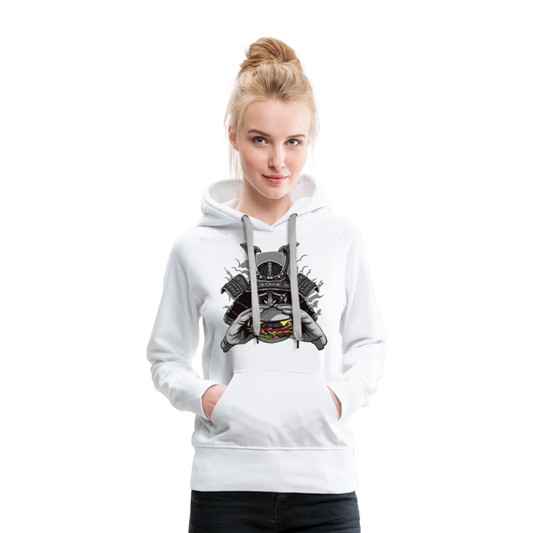 Sudadera con capucha premium para mujer"Samurai Burger" - white