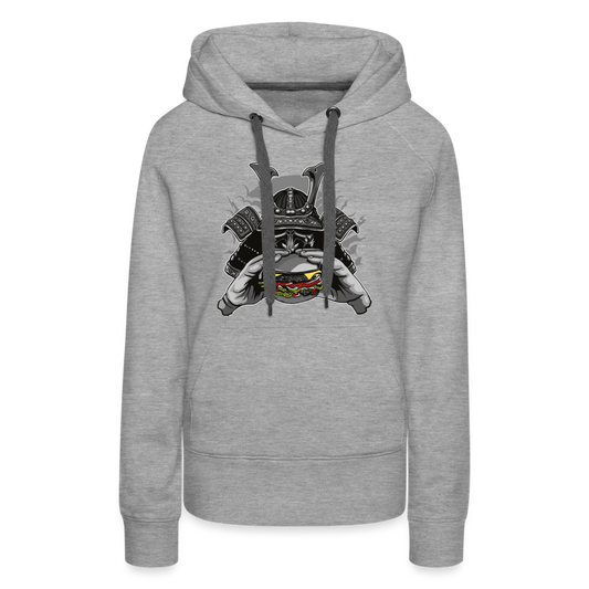 Sudadera con capucha premium para mujer"Samurai Burger" - heather grey