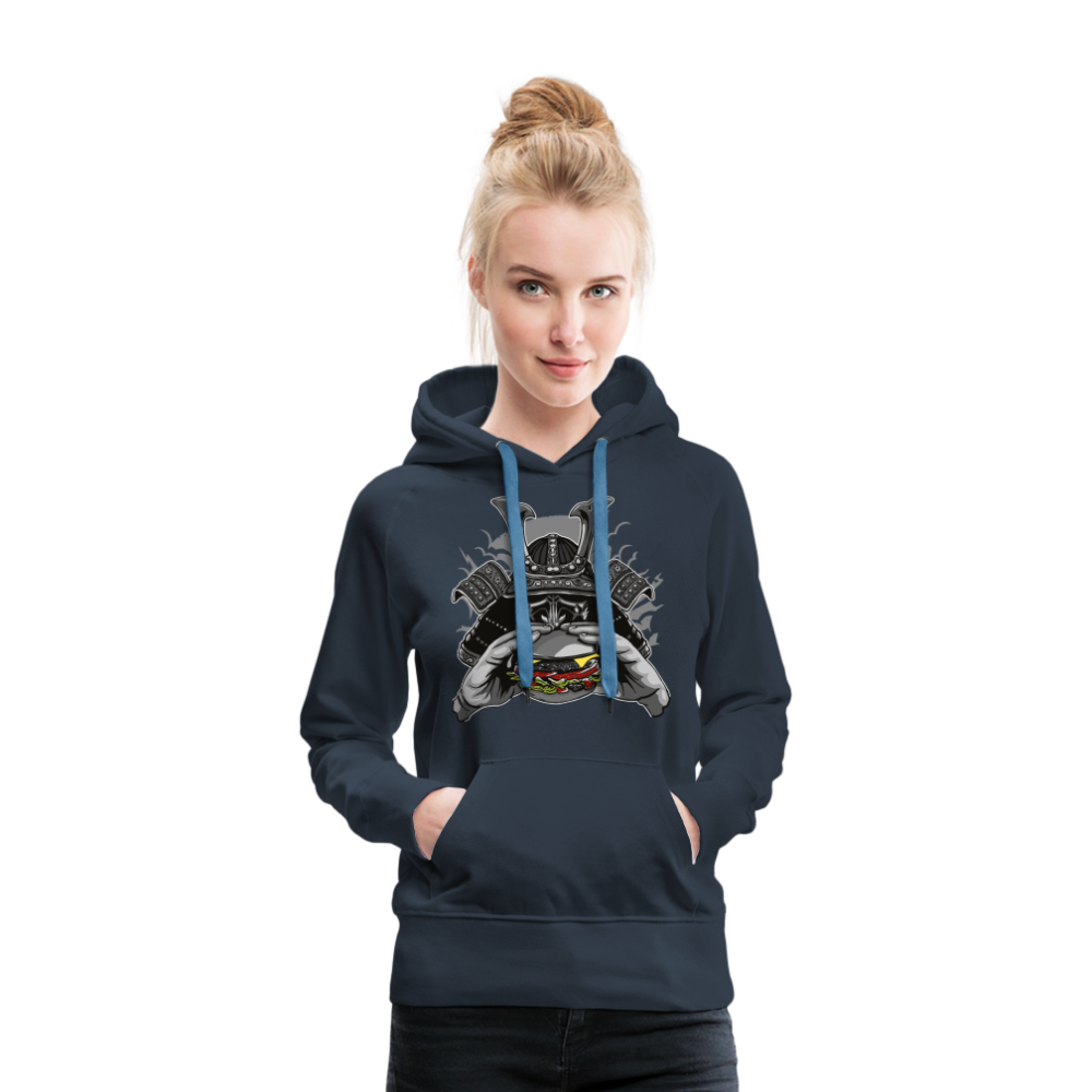 Sudadera con capucha premium para mujer"Samurai Burger" - navy