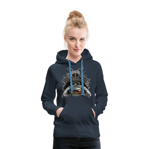 Sudadera con capucha premium para mujer"Samurai Burger" - navy