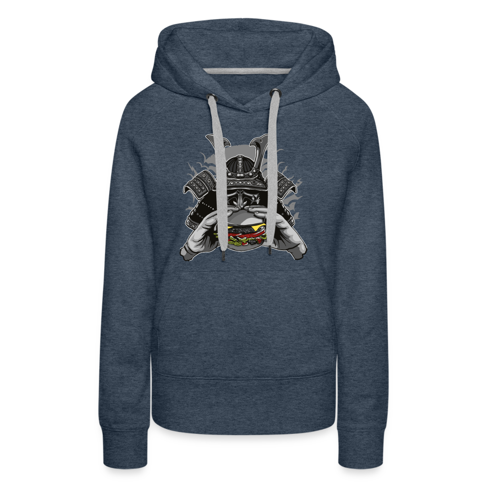 Sudadera con capucha premium para mujer"Samurai Burger" - heather denim