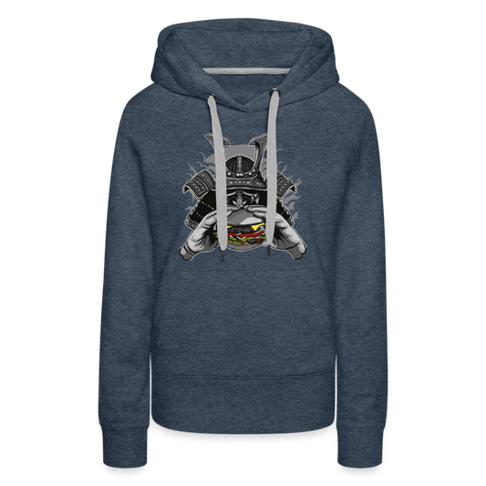 Sudadera con capucha premium para mujer"Samurai Burger" - heather denim