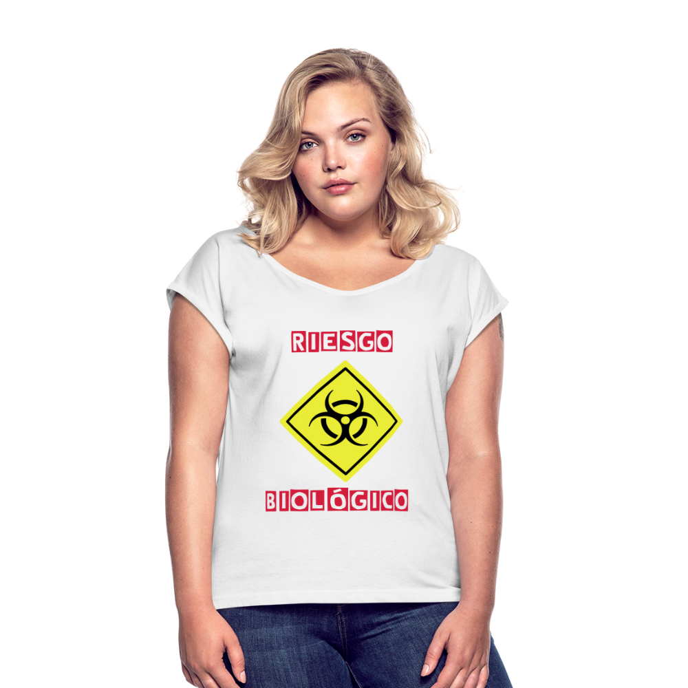 Camiseta con manga enrollada mujer"riesgo biologico" - white