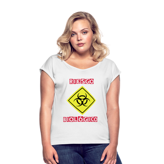 Camiseta con manga enrollada mujer"riesgo biologico" - white
