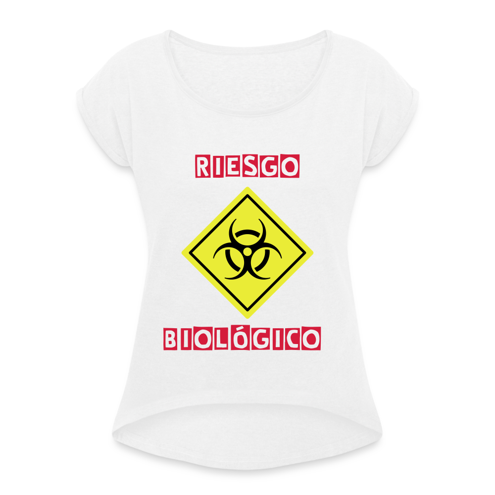 Camiseta con manga enrollada mujer"riesgo biologico" - white