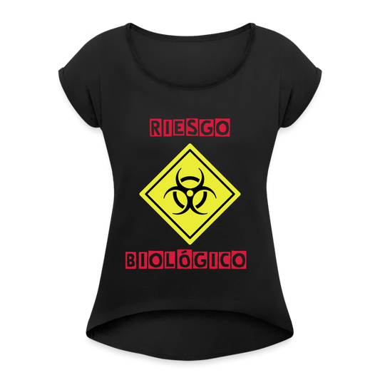 Camiseta con manga enrollada mujer"riesgo biologico" - black