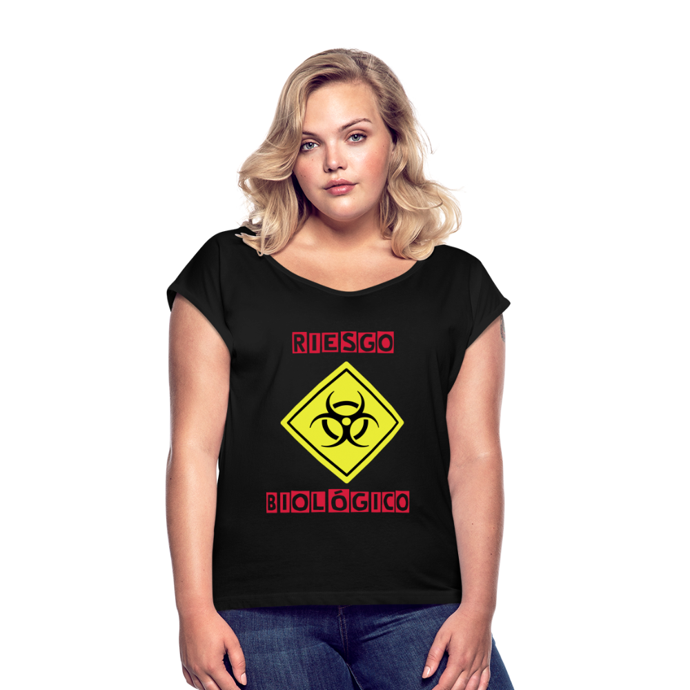 Camiseta con manga enrollada mujer"riesgo biologico" - black