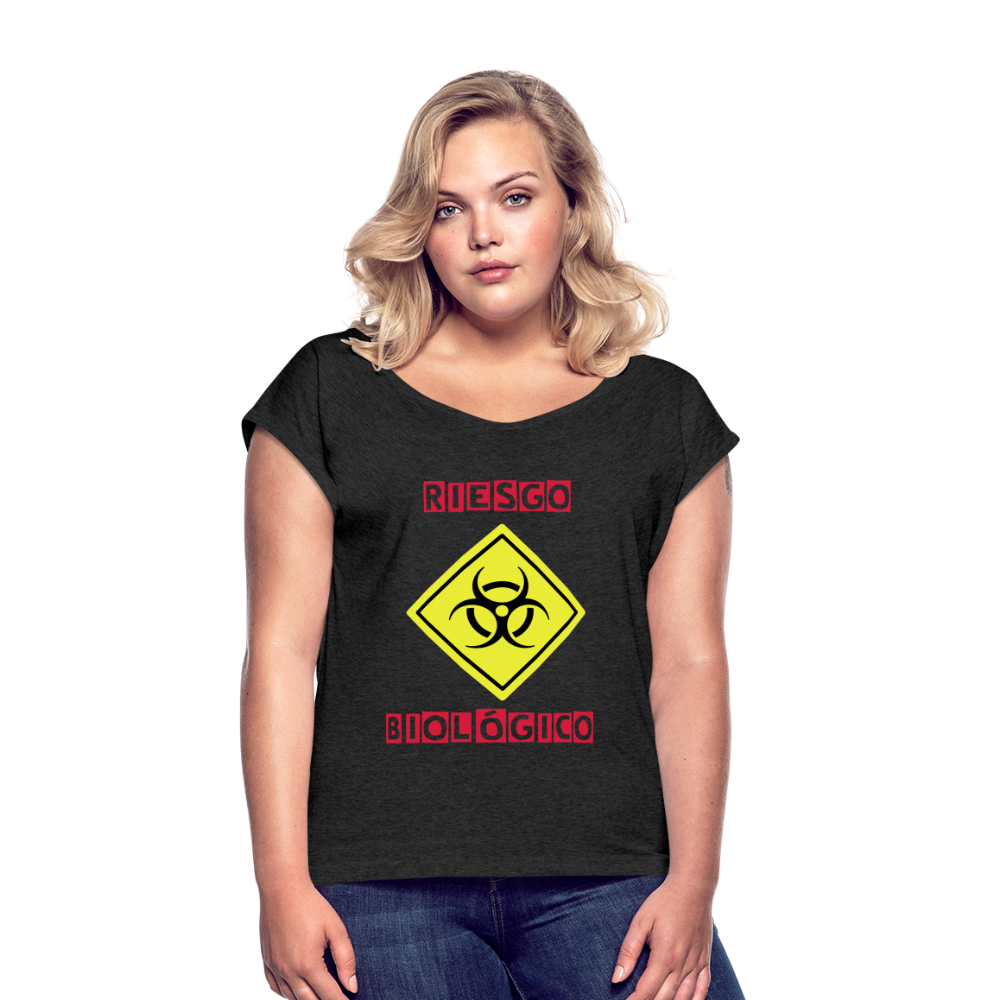 Camiseta con manga enrollada mujer"riesgo biologico" - heather black
