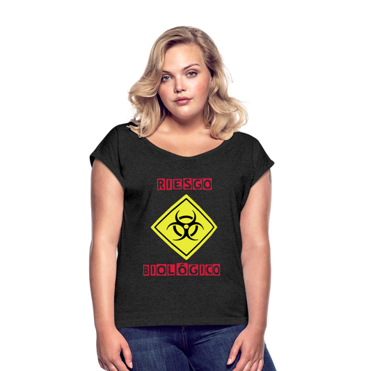 Camiseta con manga enrollada mujer"riesgo biologico" - heather black