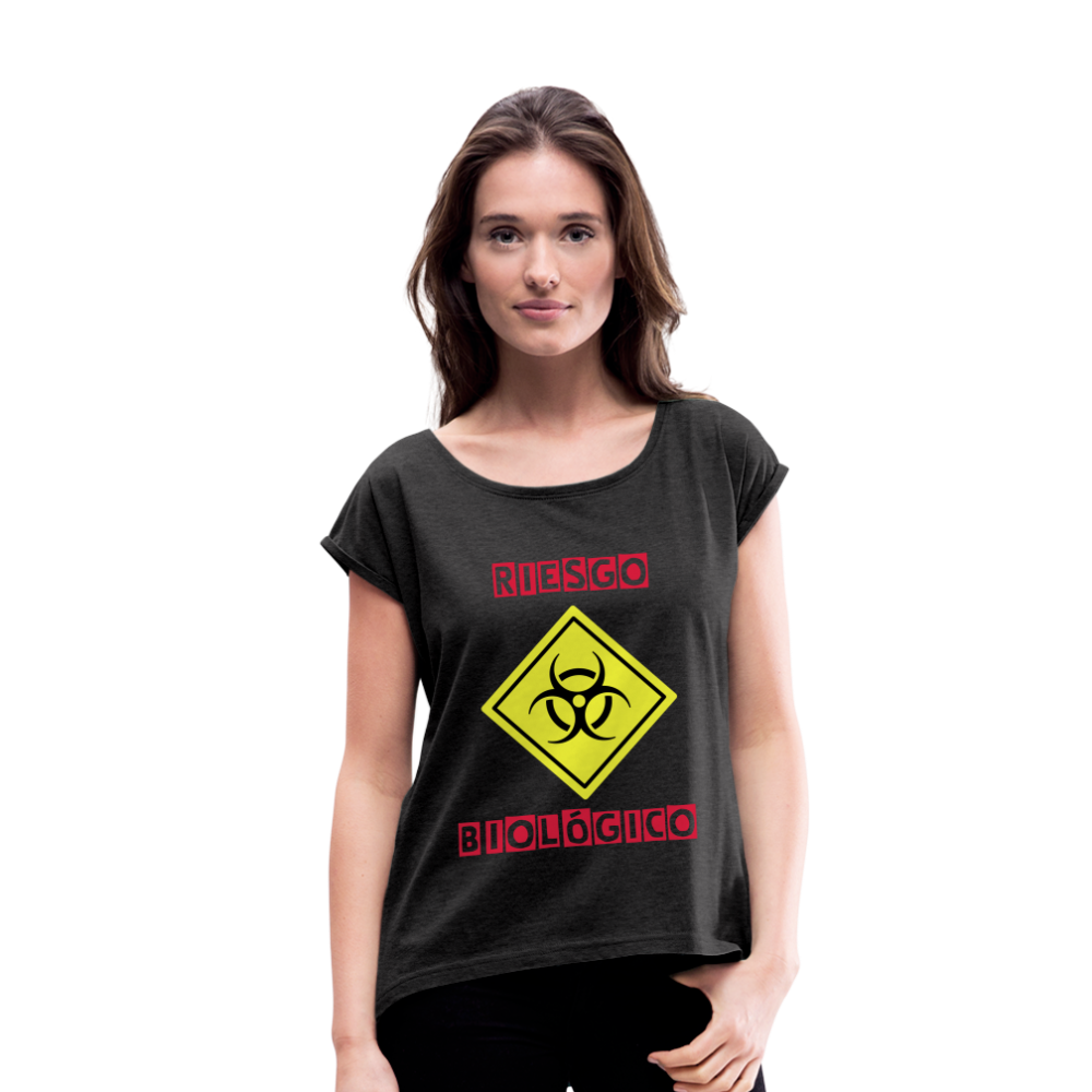 Camiseta con manga enrollada mujer"riesgo biologico" - heather black