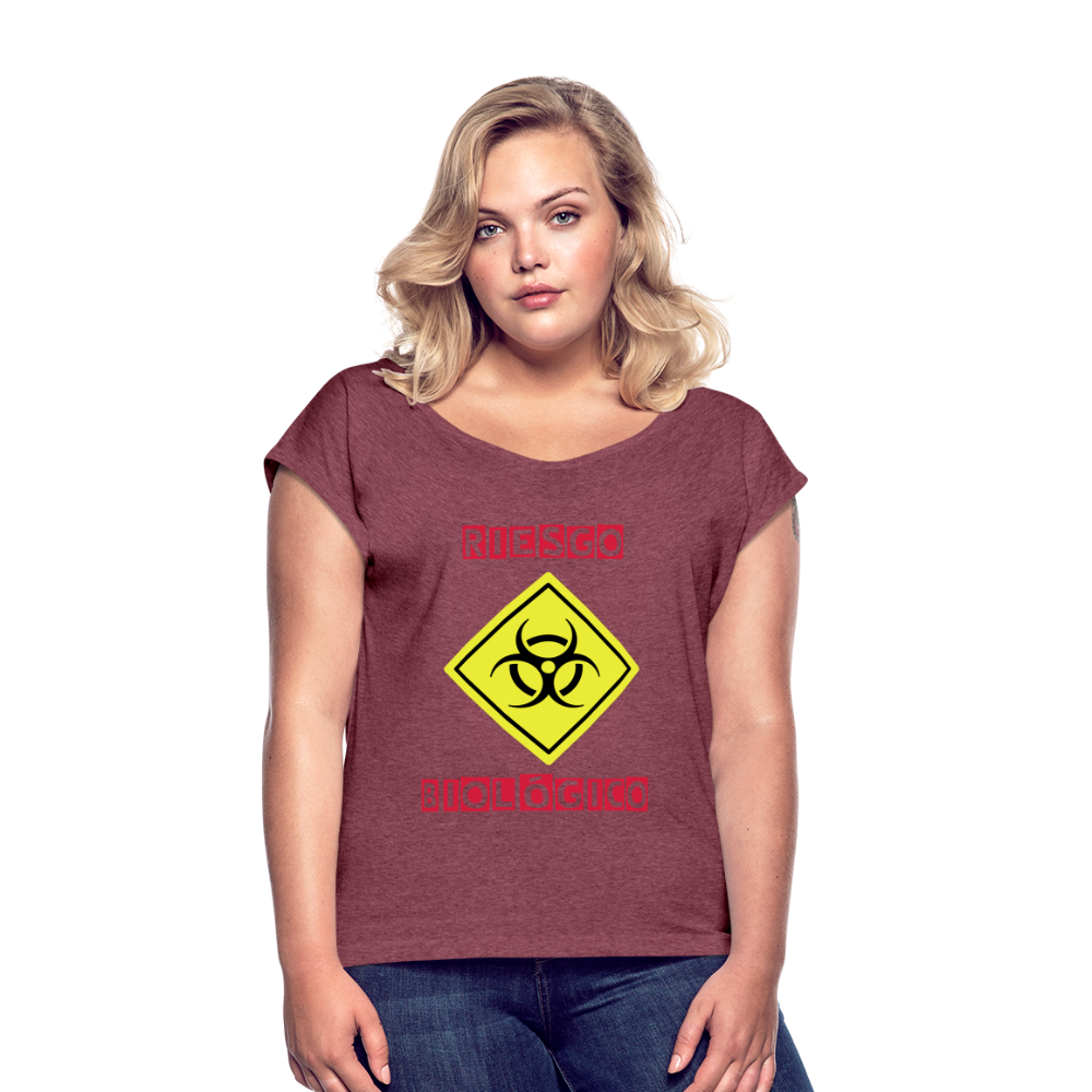 Camiseta con manga enrollada mujer"riesgo biologico" - heather burgundy