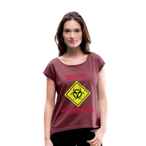 Camiseta con manga enrollada mujer"riesgo biologico" - heather burgundy