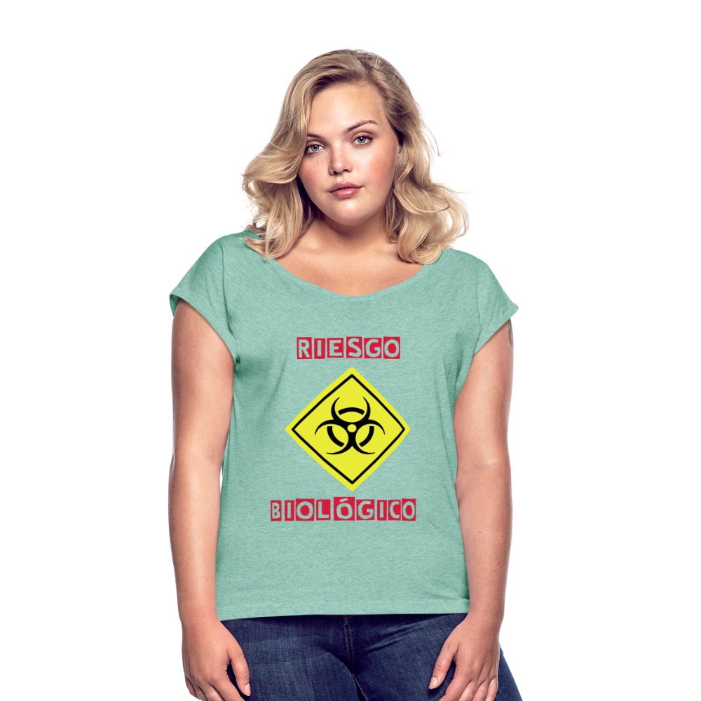 Camiseta con manga enrollada mujer"riesgo biologico" - heather mint