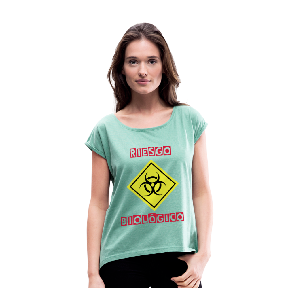 Camiseta con manga enrollada mujer"riesgo biologico" - heather mint