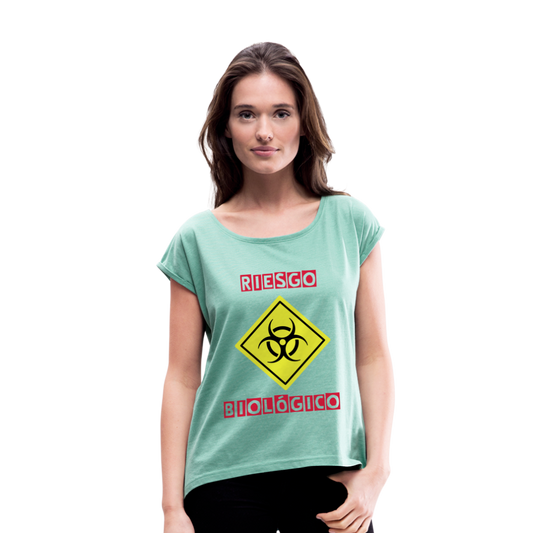 Camiseta con manga enrollada mujer"riesgo biologico" - heather mint