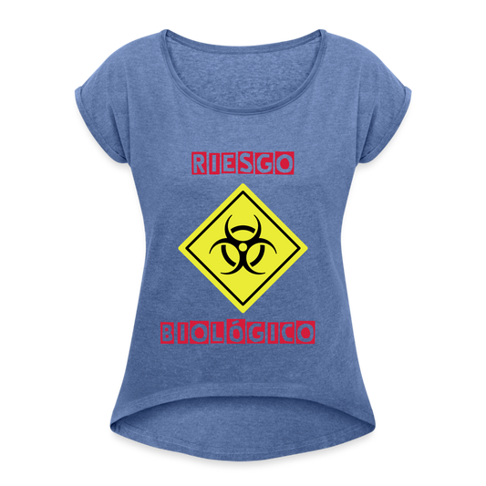 Camiseta con manga enrollada mujer"riesgo biologico" - heather denim