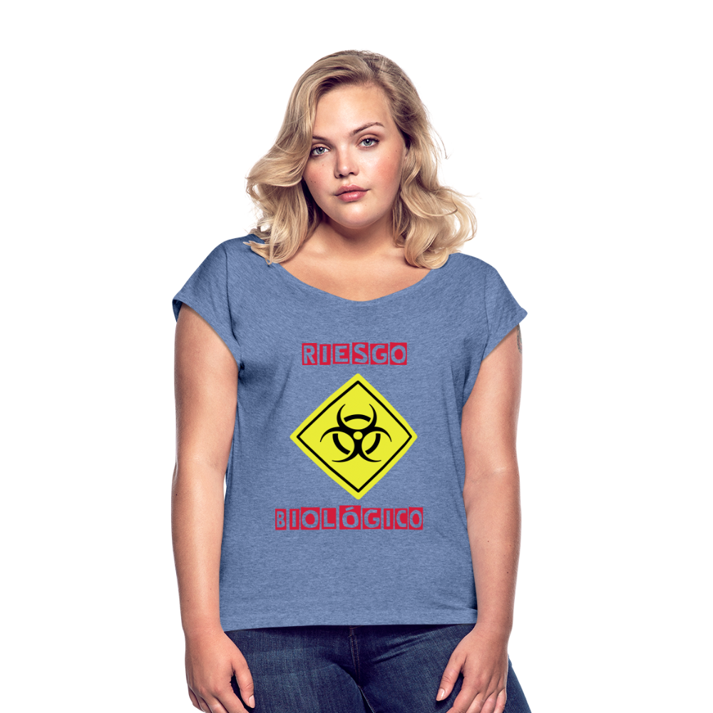 Camiseta con manga enrollada mujer"riesgo biologico" - heather denim