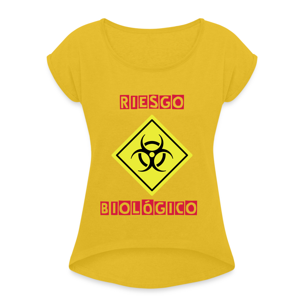 Camiseta con manga enrollada mujer"riesgo biologico" - mustard yellow