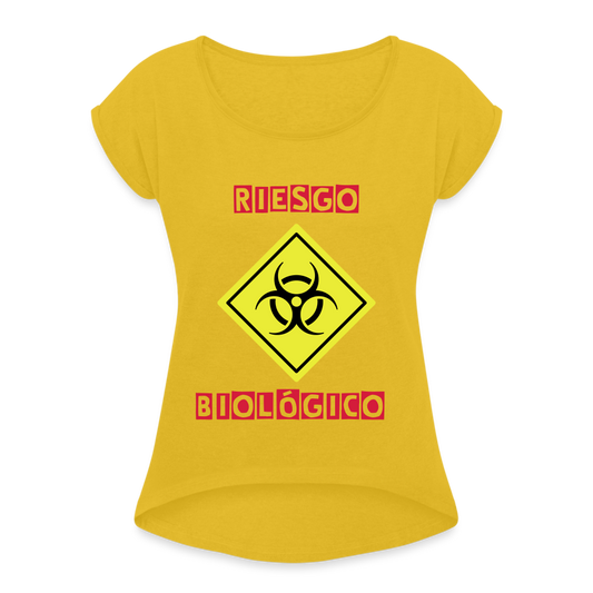 Camiseta con manga enrollada mujer"riesgo biologico" - mustard yellow