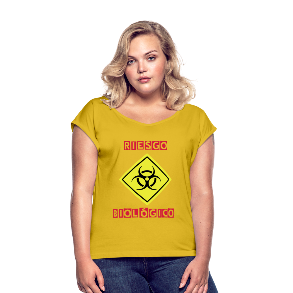 Camiseta con manga enrollada mujer"riesgo biologico" - mustard yellow